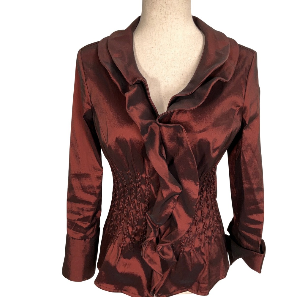 Samuel Dong Blouse Women Small Copper Ruffle Smocked Witchy Fairy Goth Satin